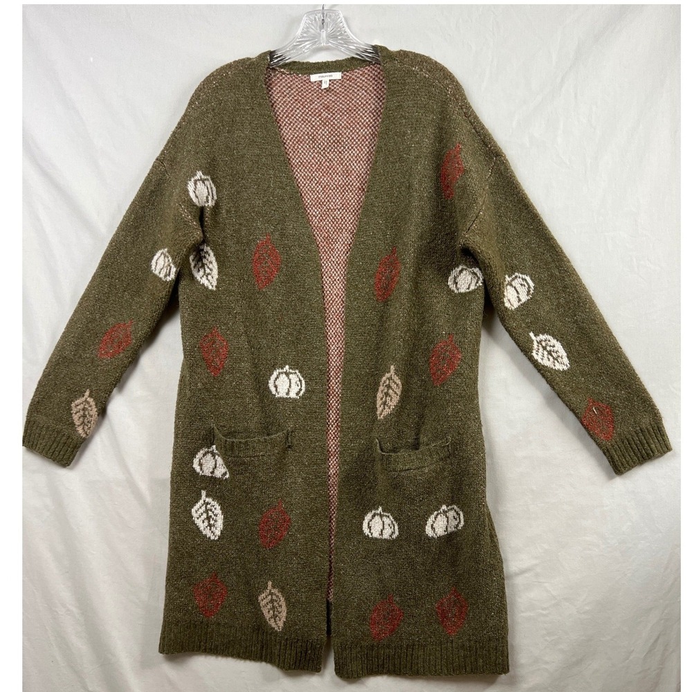 Maurices Cardigan Women L Green Pumpkin Leaf Fall Longline Open Front Sweater